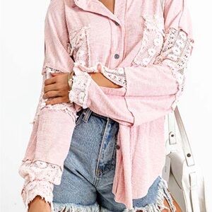 POL Speakeasy Attitude Pink Lace Detail Women's Button Up Top